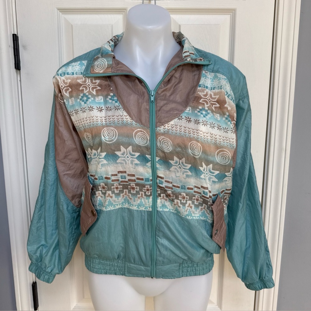 Vintage windbreaker PETITES sz S Aztec Western Aqua Tan Zip